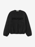 Front view of vintage black crewneck sweatshirt with embossed Fear of God Essentials logo and elasticated cuffs and hem