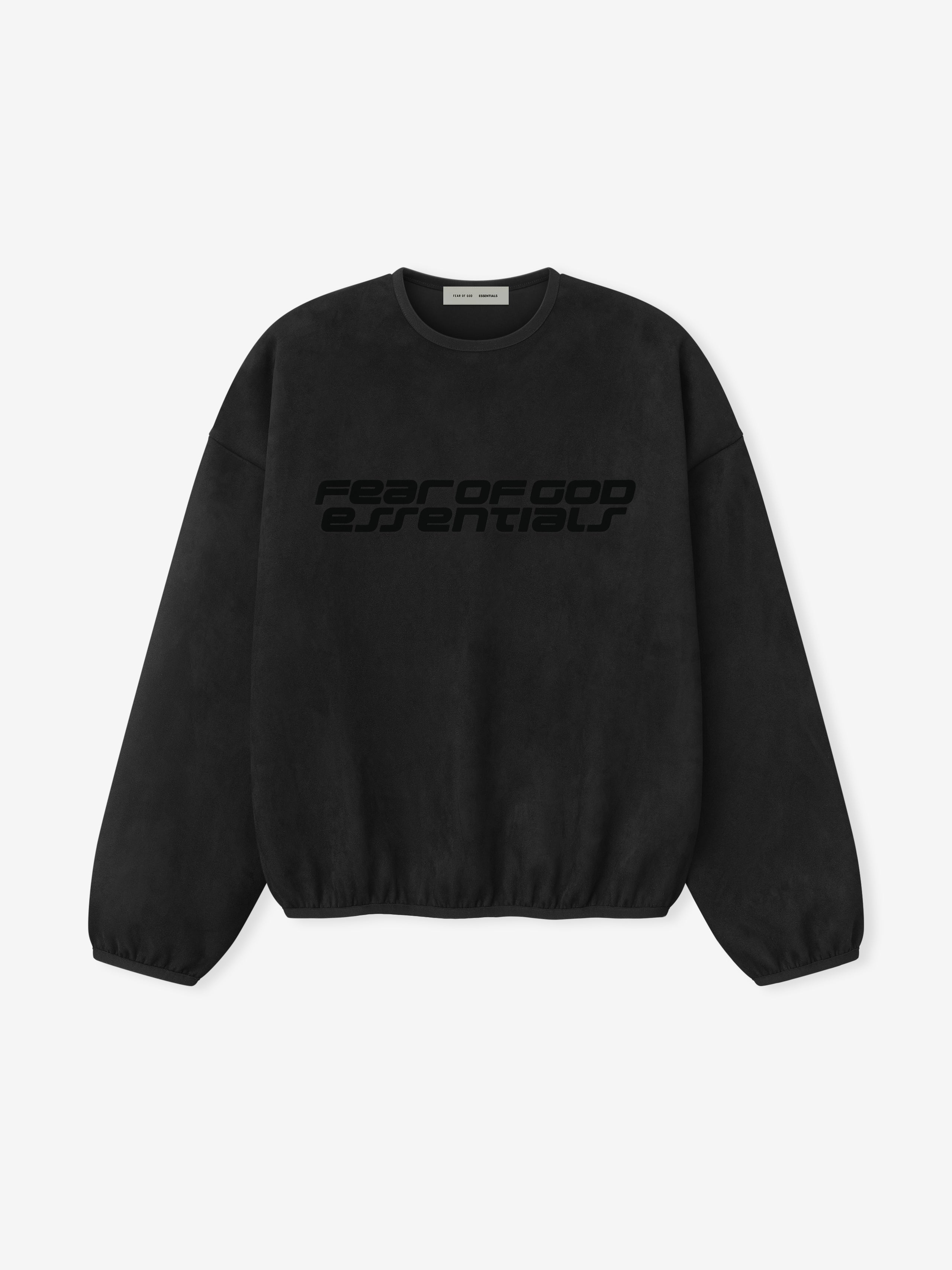Front view of vintage black crewneck sweatshirt with embossed Fear of God Essentials logo and elasticated cuffs and hem