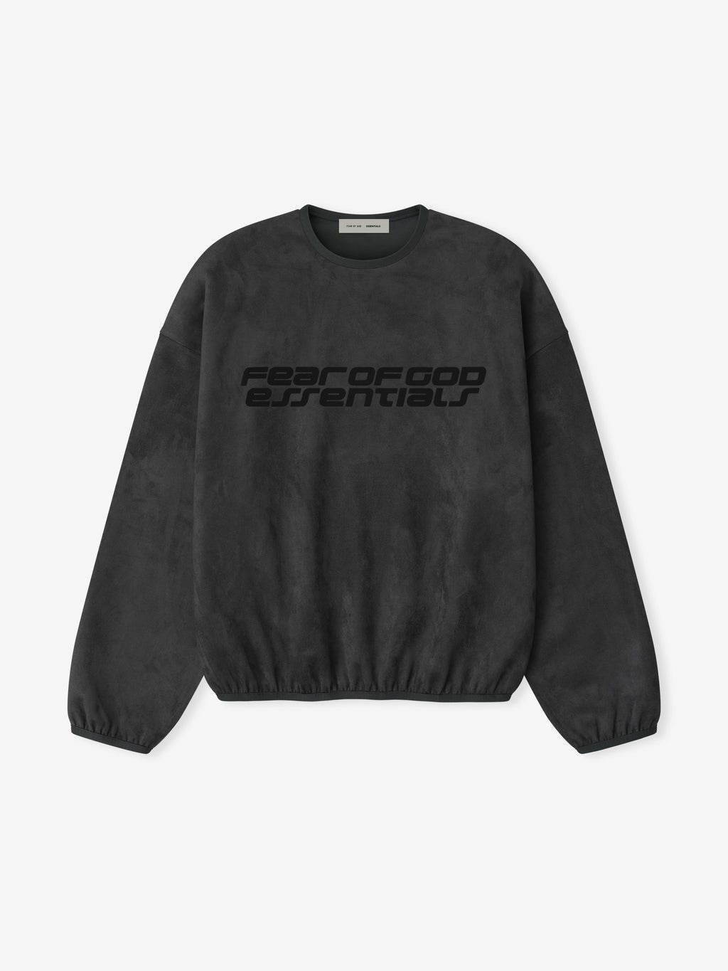Front view of iron grey Suede Fleece Modern Crewneck Sweatshirt with subtle black Fear of God Essentials logo center chest gallery 0
