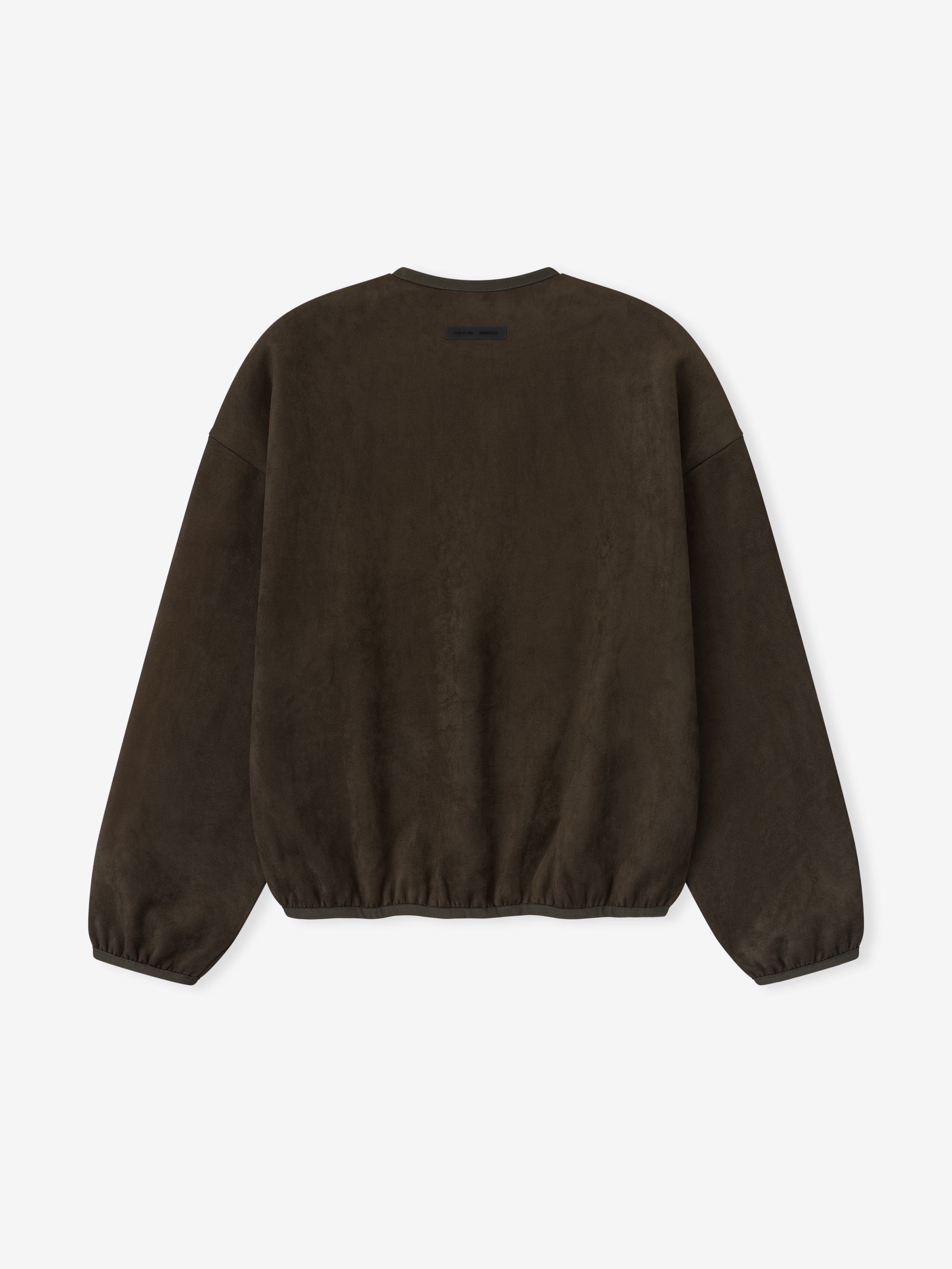 Back view of brown modern crewneck sweatshirt with subtle logo patch near neckline and elasticated hem and cuffs