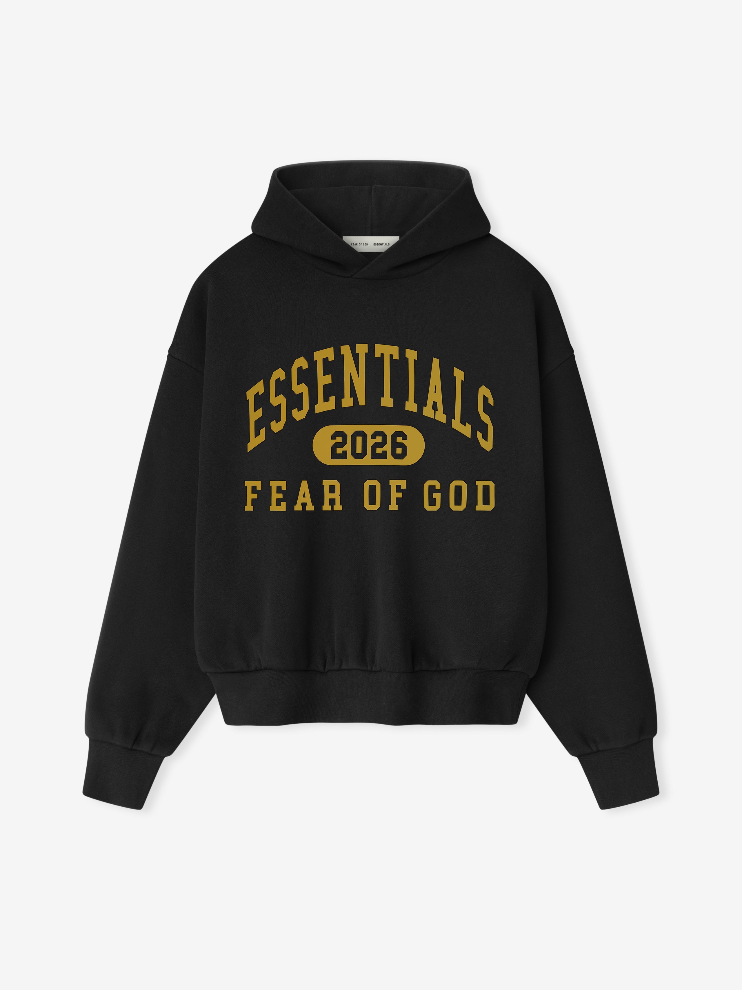 Classic Fleece Hoodie in vintage black featuring front gold Essentials 2026 Fear of God text, gallery position zero view