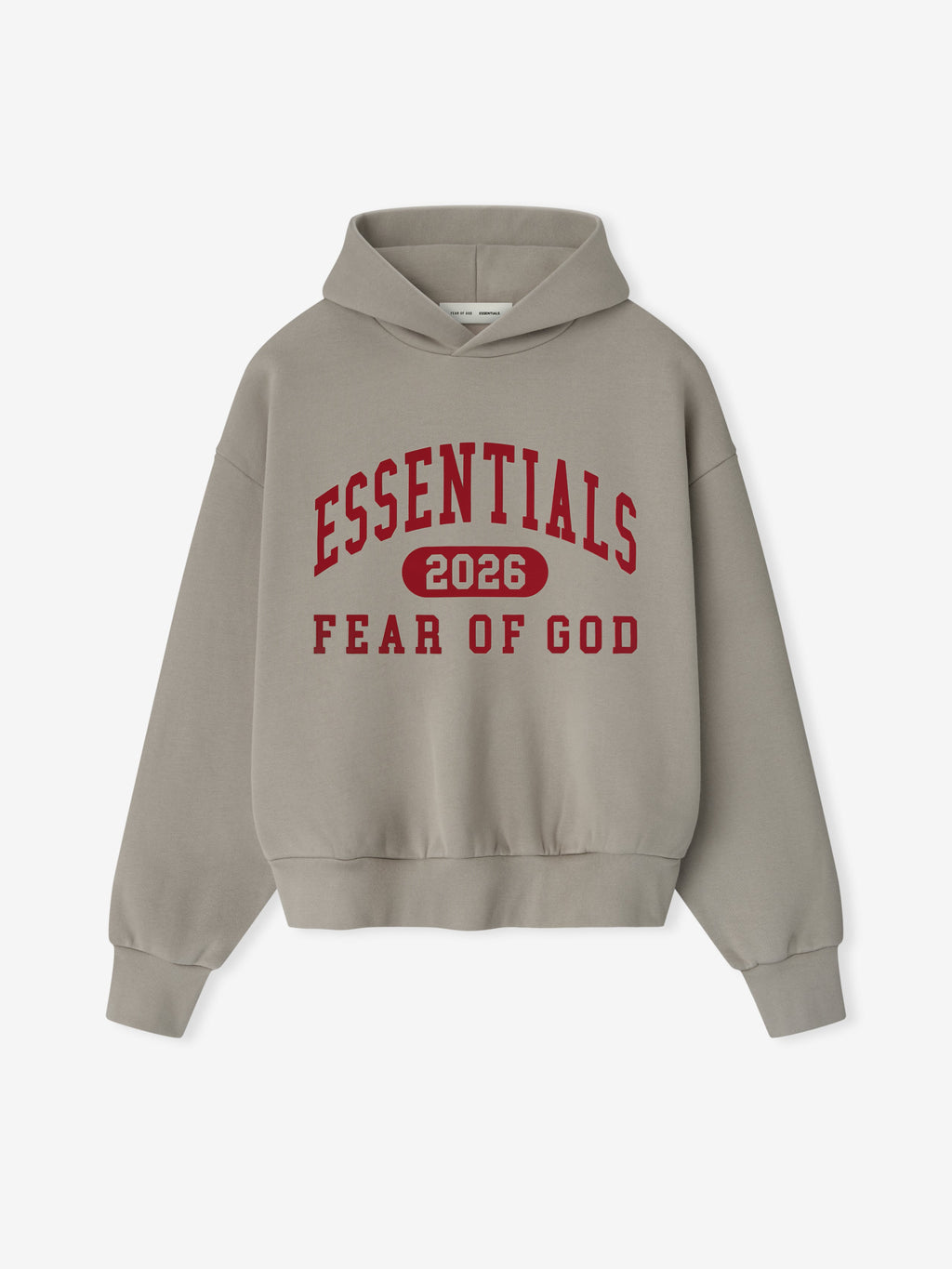 Front view of smoke grey Classic Hoodie with bold red Essentials 2026 Fear of God text centered on chest gallery 0