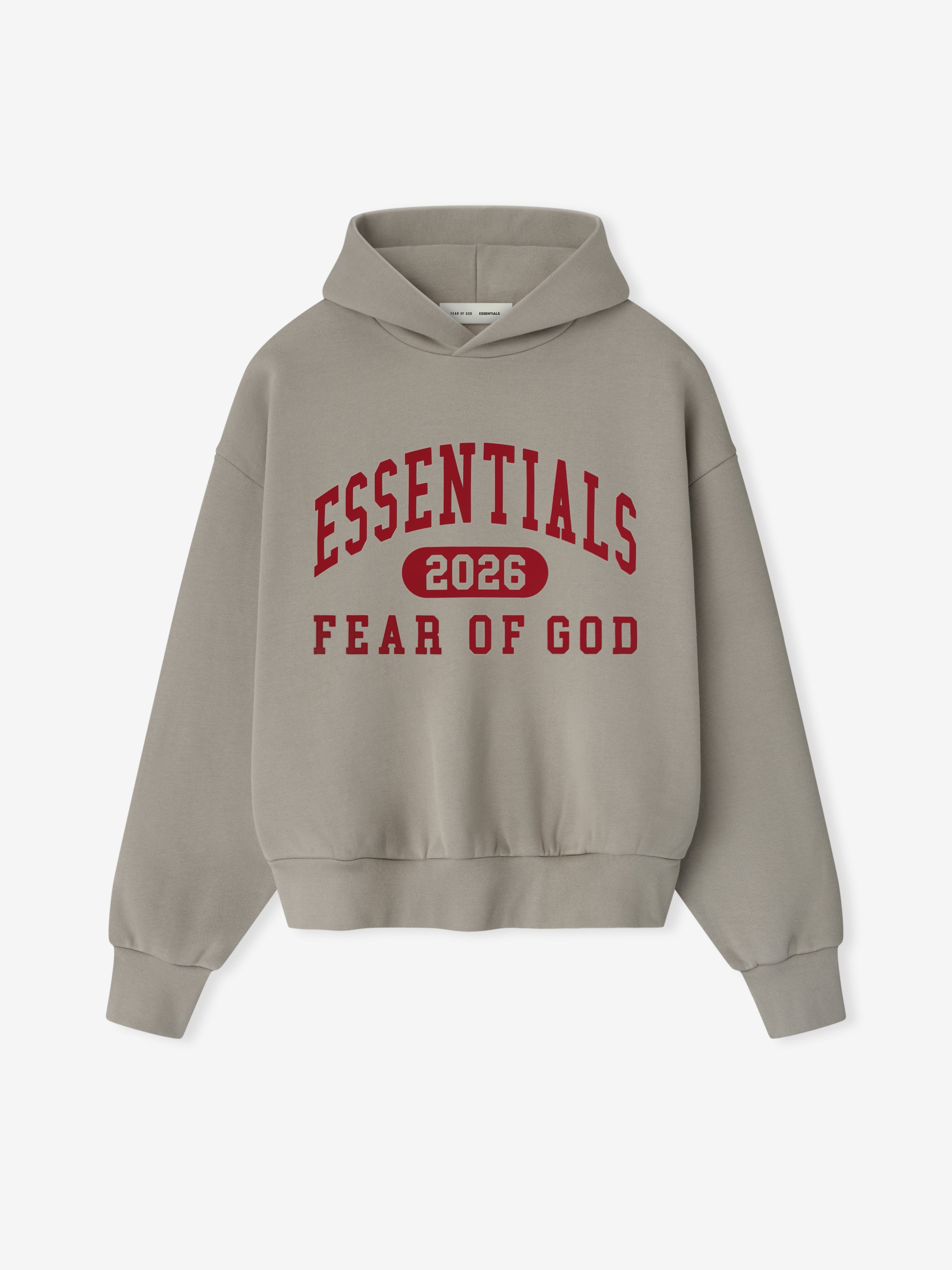 Front view of smoke grey Classic Hoodie with bold red Essentials 2026 Fear of God text centered on chest gallery 0