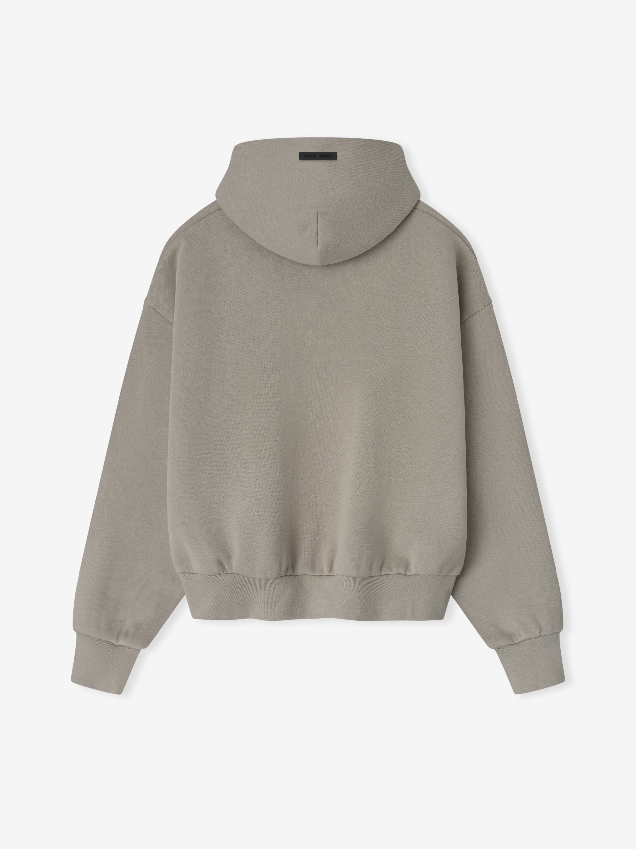 Back view of smoke grey Classic Hoodie showing clean design and fitted ribbed cuffs and hem in gallery position zero