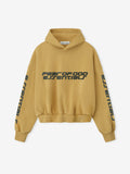 Front view of canyon-colored cropped relaxed hoodie with bold dark grey Fear of God Essentials logo on chest and sleeves