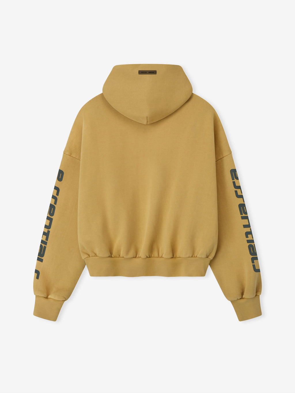 Back view of canyon-colored cropped relaxed hoodie with black Essentials logo printed along sleeves and elastic waistband