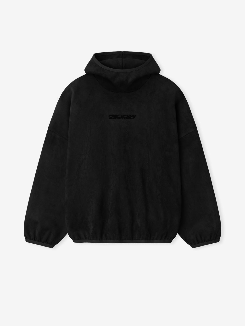 Front view of vintage black suede fleece modern hoodie with hood and elasticated cuffs and hem, file 192HO256941F.jpg