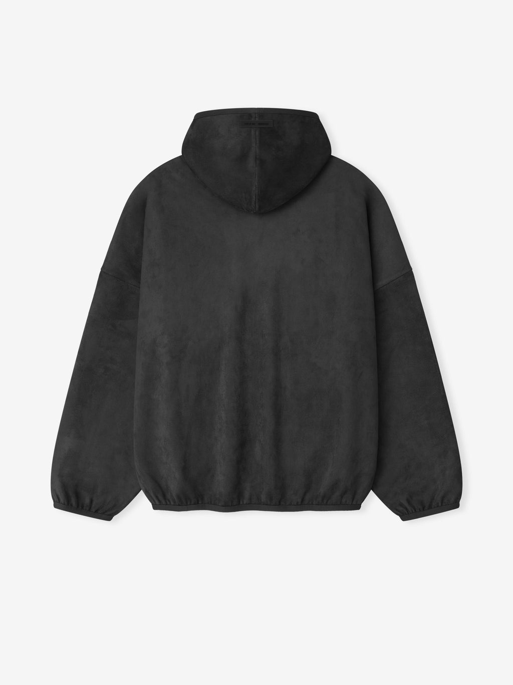 Back view of black suede fleece modern hoodie with relaxed fit and gathered hem 192HO256942F_MODERN_HOODIE-IRON_GREY_2.jpg