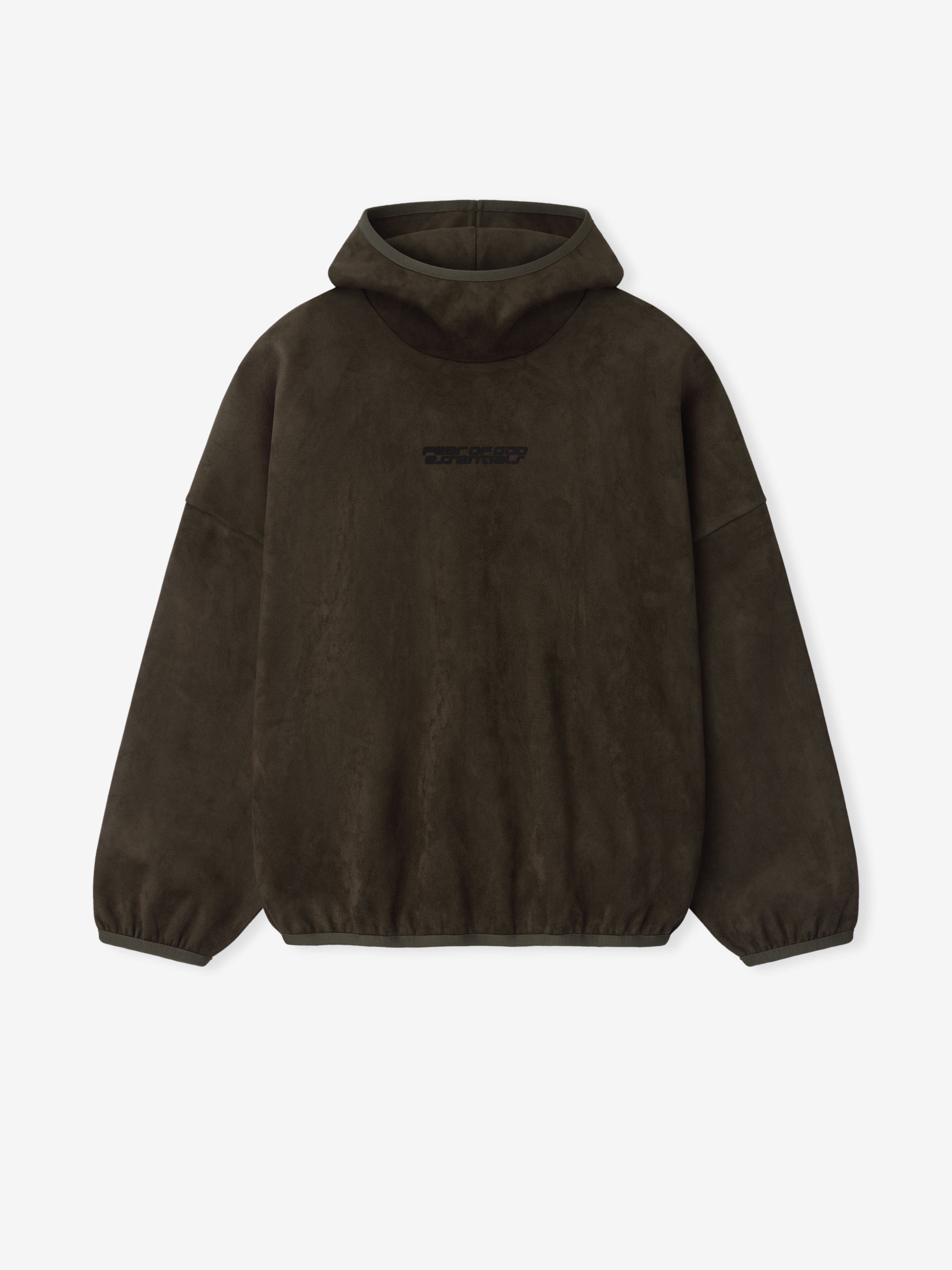 Front view of dark brown suede fleece modern hoodie with hood and elasticated cuffs and hem, file 192HO256943F_MODERN_HOODIE-BROWN_1.jpg