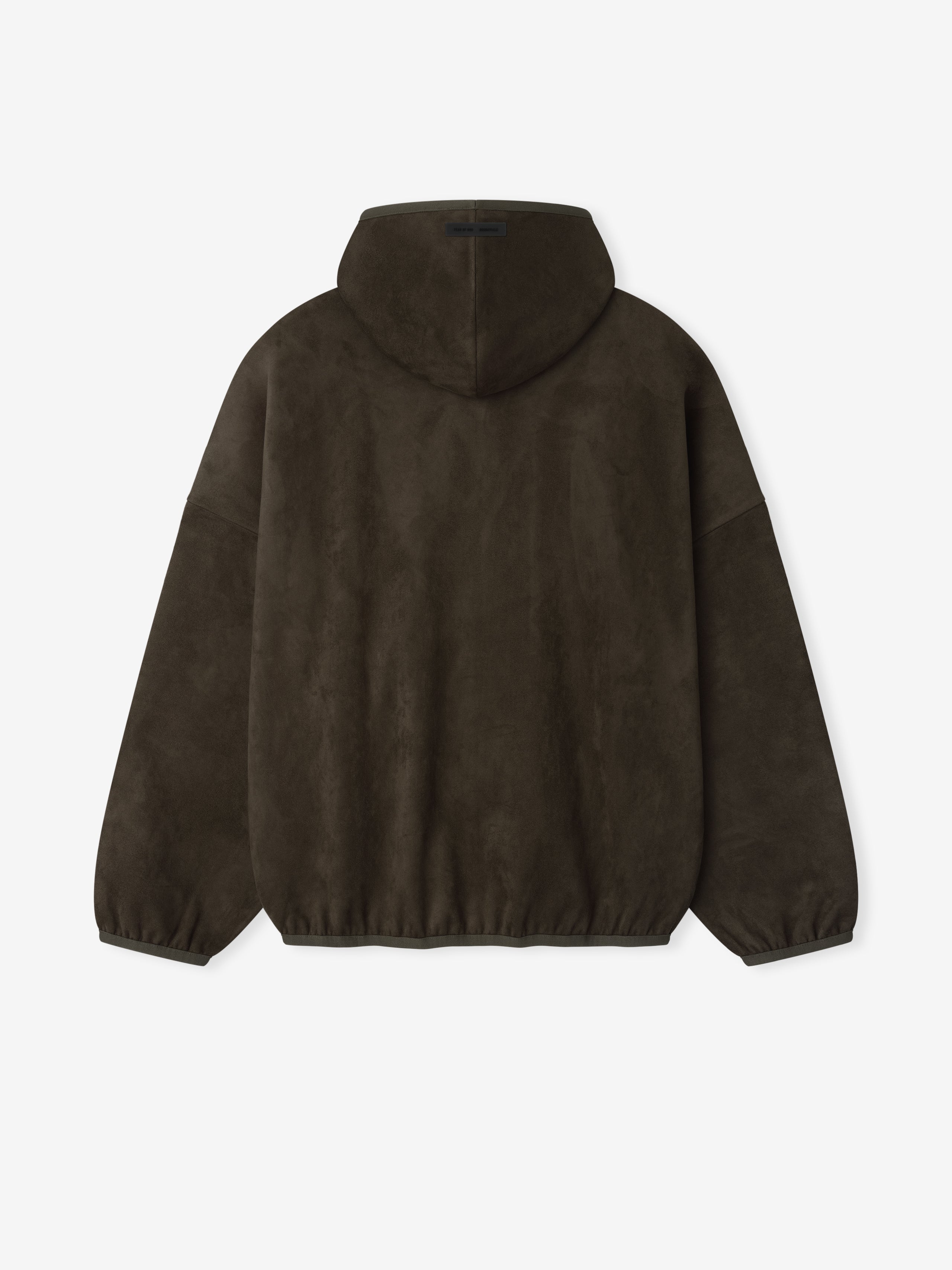 Back view of dark brown suede fleece modern hoodie with elasticated cuffs and hem, file 192HO256943F_MODERN_HOODIE-BROWN_2.jpg