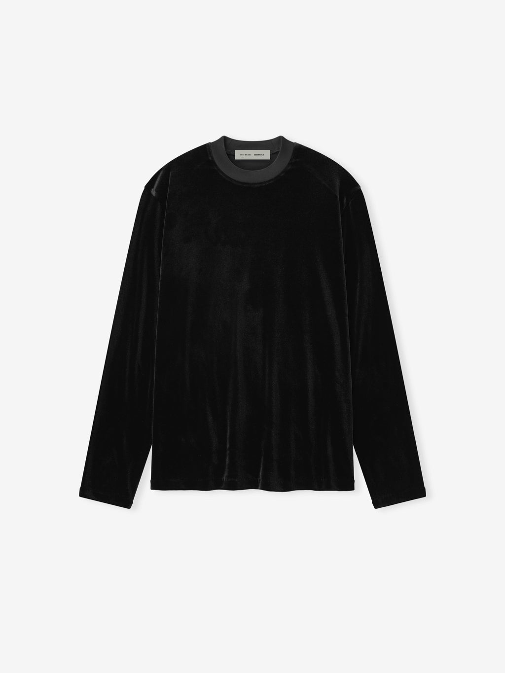 black women's long sleeve velour tee with relaxed fit and crew neckline displayed flat on white background