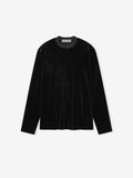 black women's long sleeve velour tee with relaxed fit and crew neckline displayed flat on white background