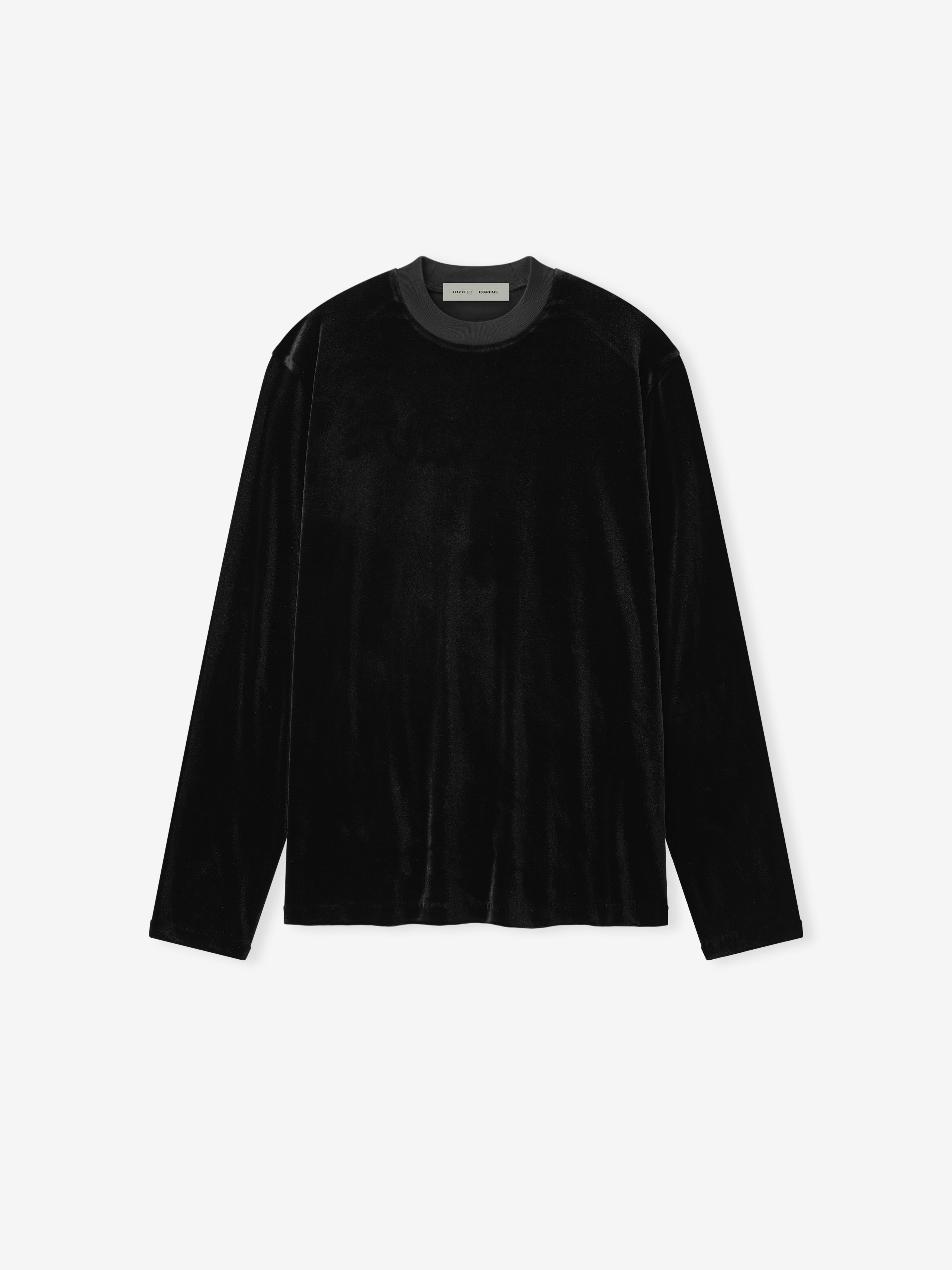 black women's long sleeve velour tee with relaxed fit and crew neckline displayed flat on white background