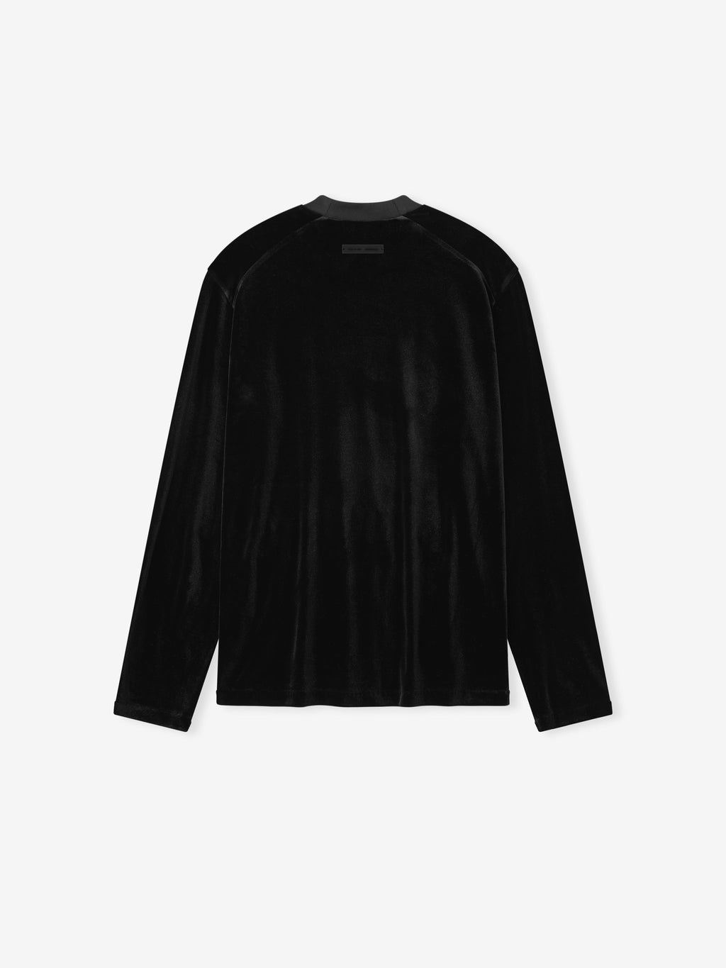 back view of black women's high shine velour long sleeve tee with relaxed fit on white background