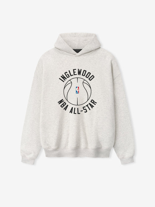 light gray heavyweight hoodie with INGLEWOOD NBA ALL-STAR text encircling outlined basketball and NBA logo on front center
