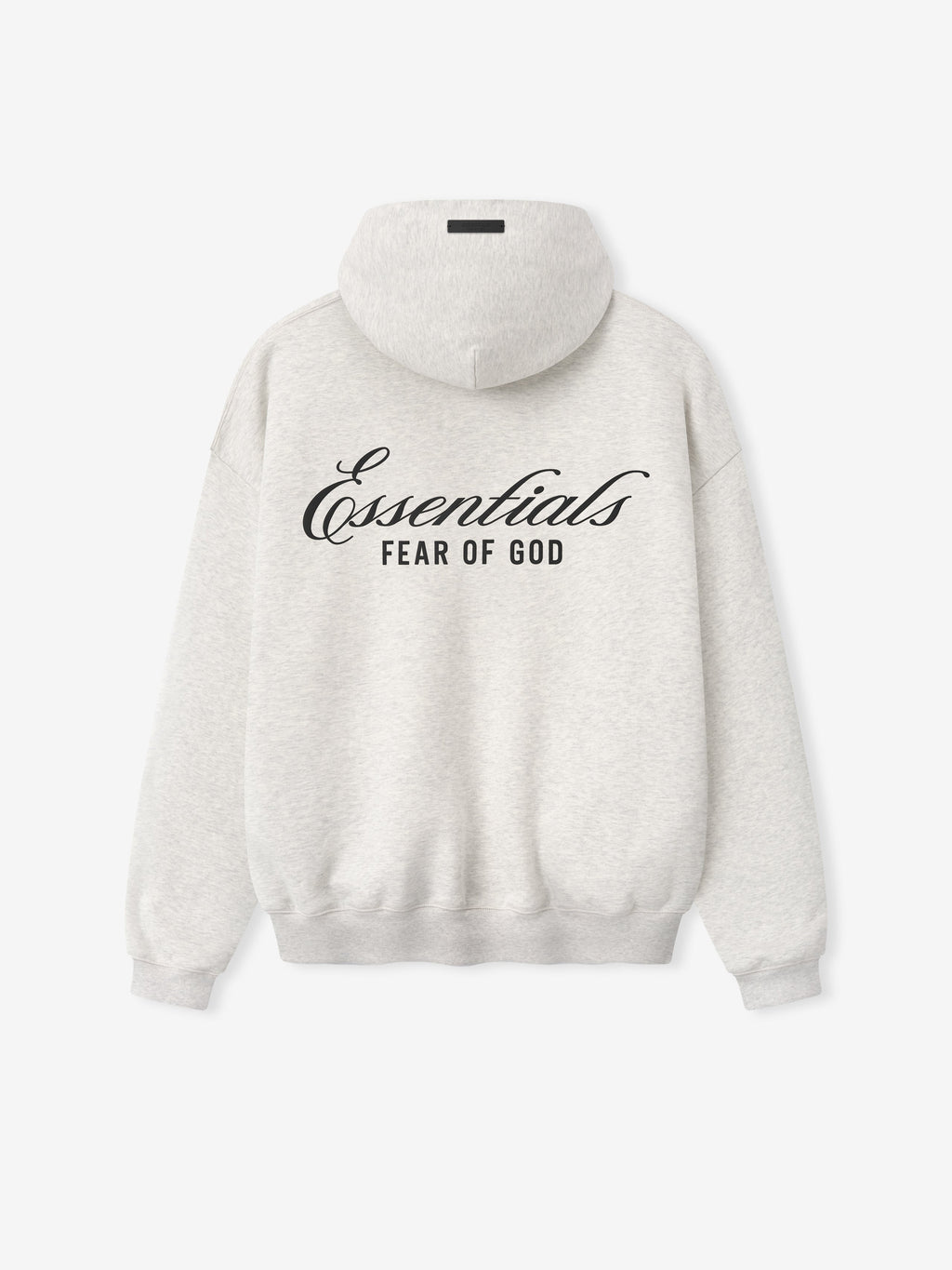light gray heavyweight cotton fleece hoodie with black Essentials Fear of God logo printed on back center
