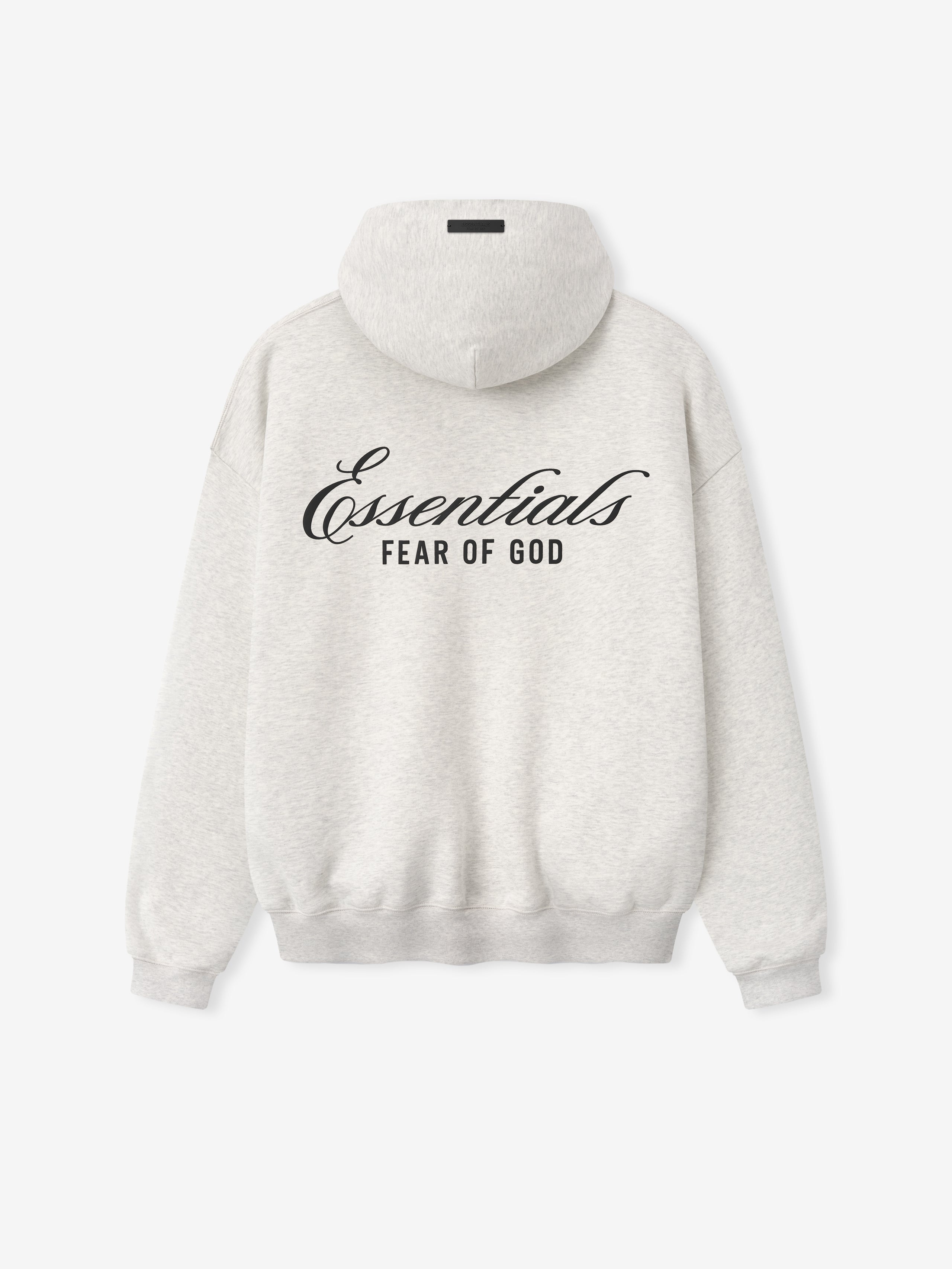 light gray heavyweight cotton fleece hoodie with black Essentials Fear of God logo printed on back center