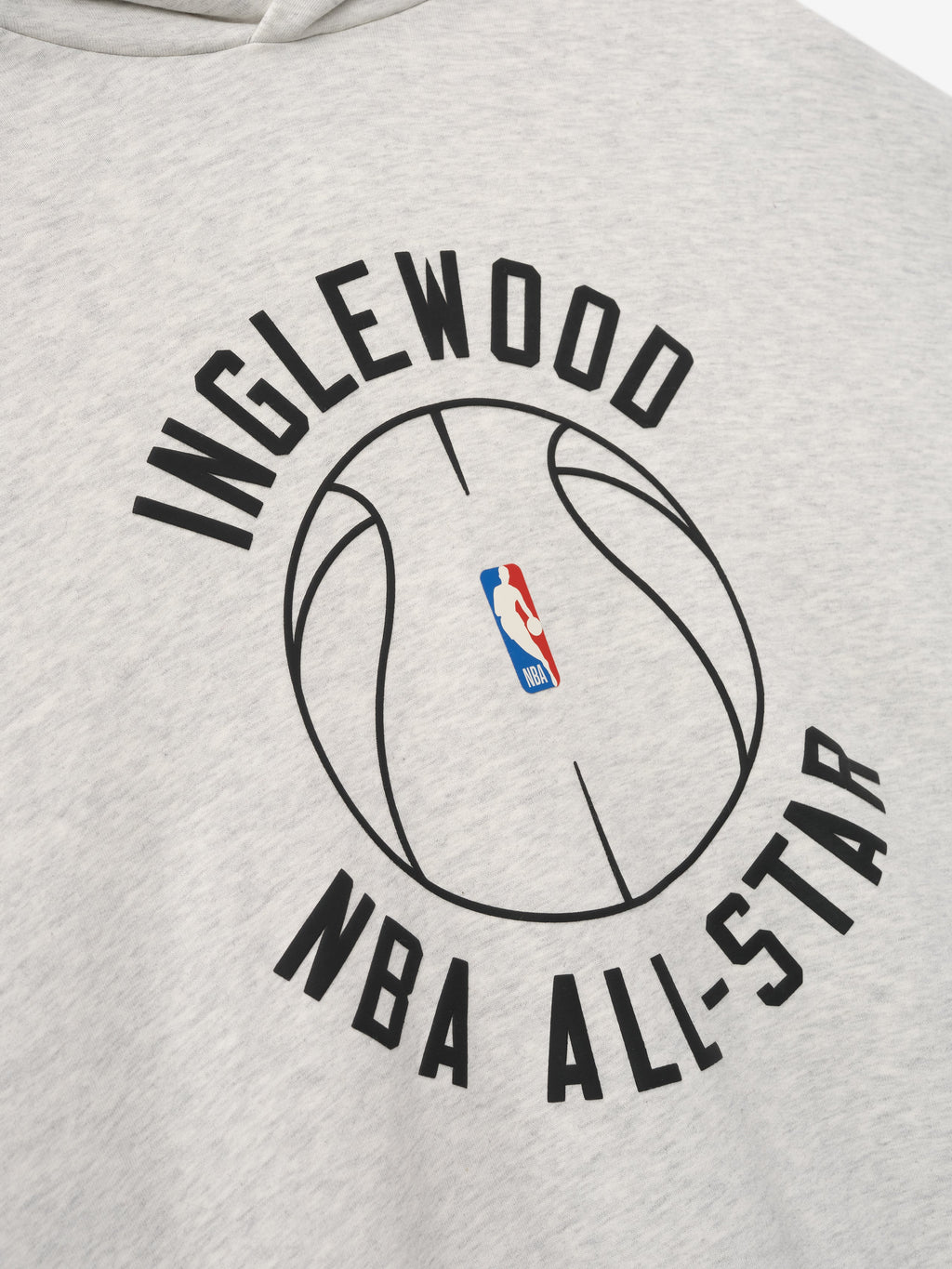 light gray heavyweight cotton fleece hoodie with puff-printed Inglewood NBA All-Star basketball graphic on front center