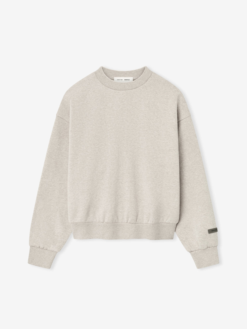 Heather stone Classic Fleece Crewneck laid flat with ribbed cuffs and hem, showing minimalistic tag detail on sleeve.