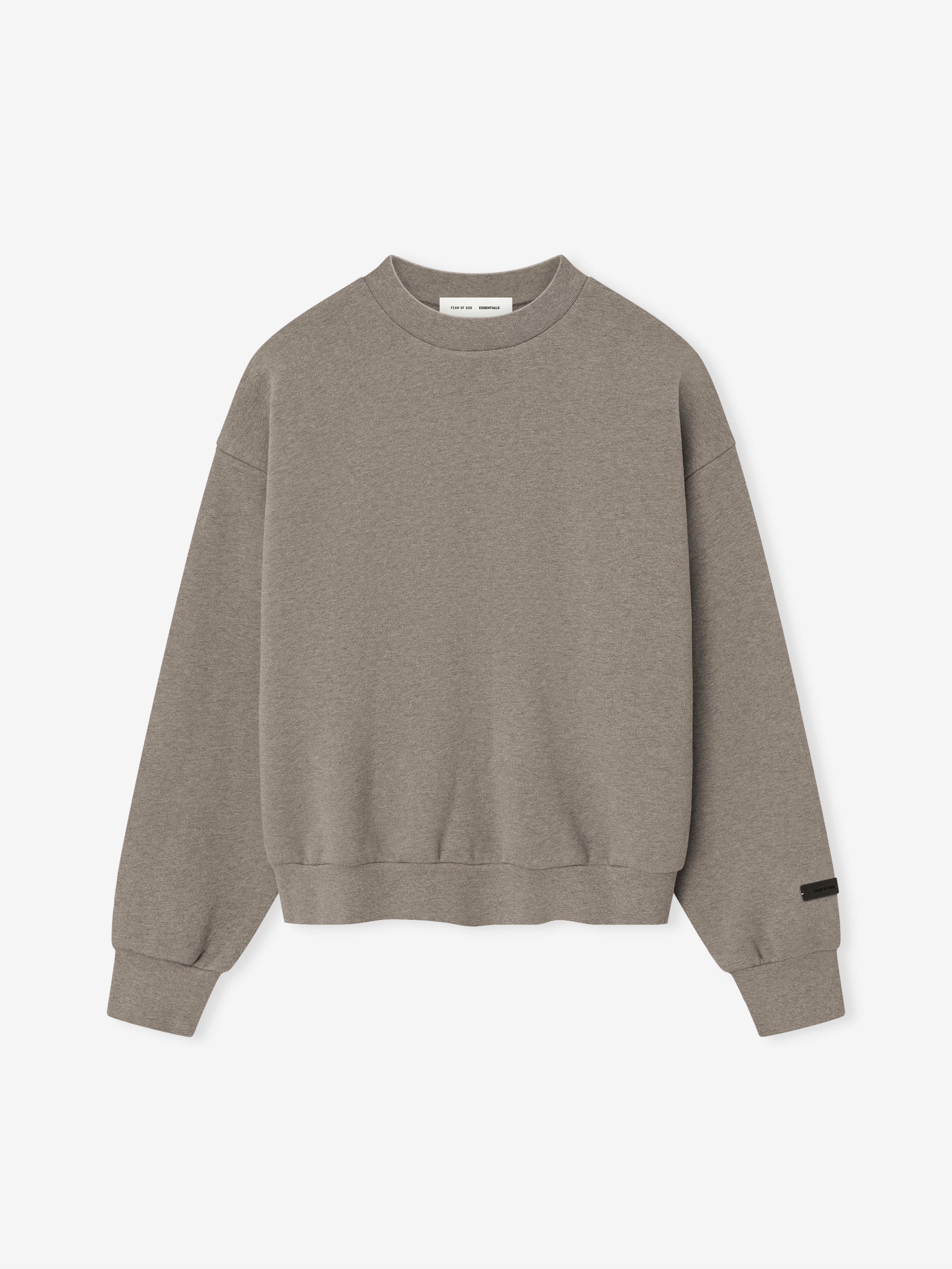 neutral grey crewneck sweatshirt with ribbed cuffs and hem laid flat on white background