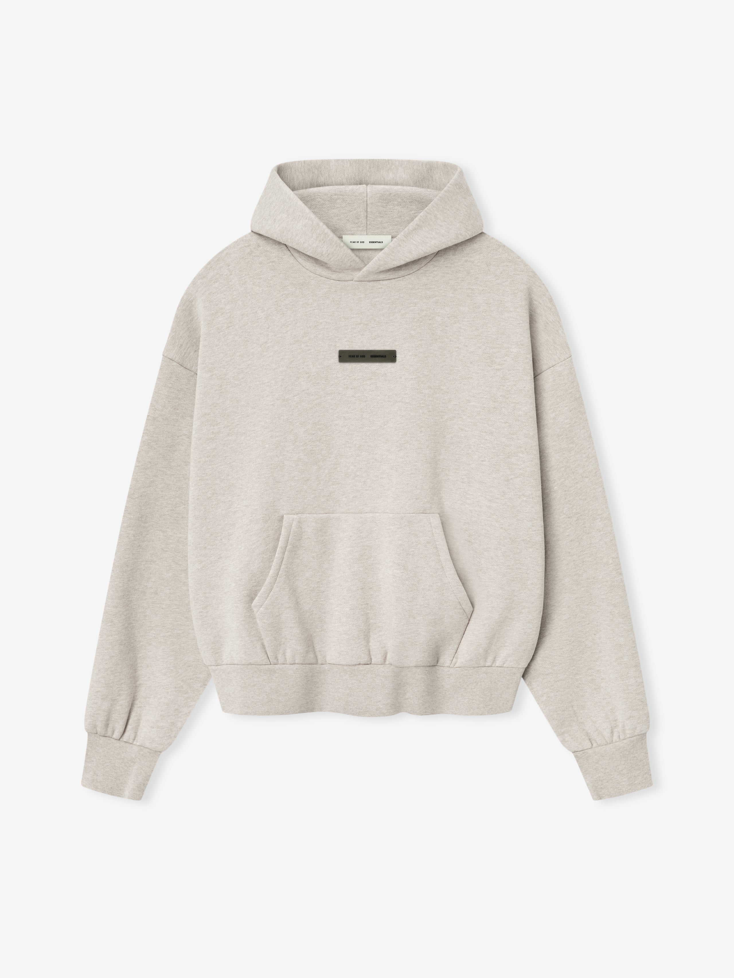 light beige Classic Fleece Hoodie with front kangaroo pocket and small rectangular logo patch on chest laid flat