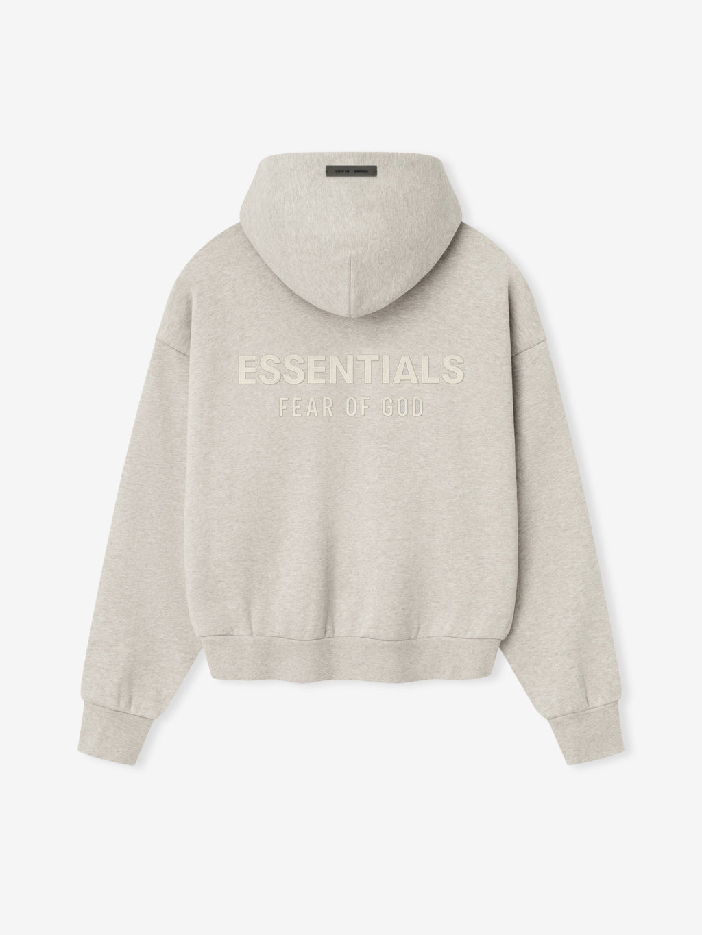 back view of light beige classic fleece hoodie with ESSENTIALS Fear of God logo embossed across upper back