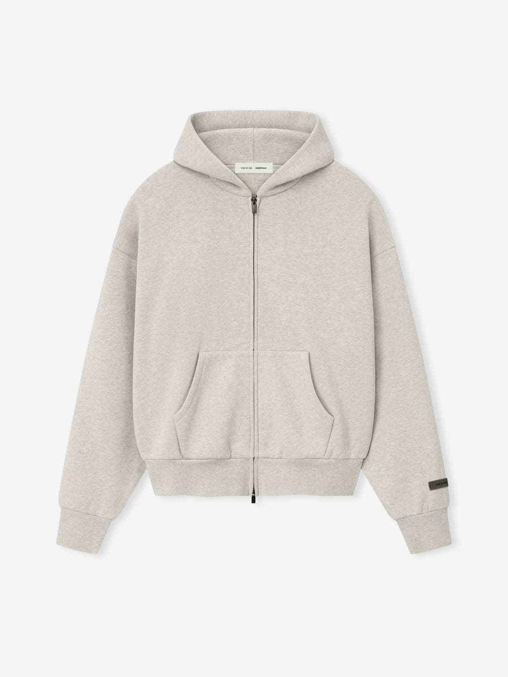 light beige zip-up hoodie with front pockets and ribbed cuffs in classic relaxed fit design