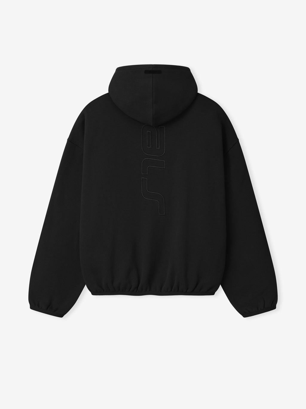 Black hoodie with branding on the back against a white background