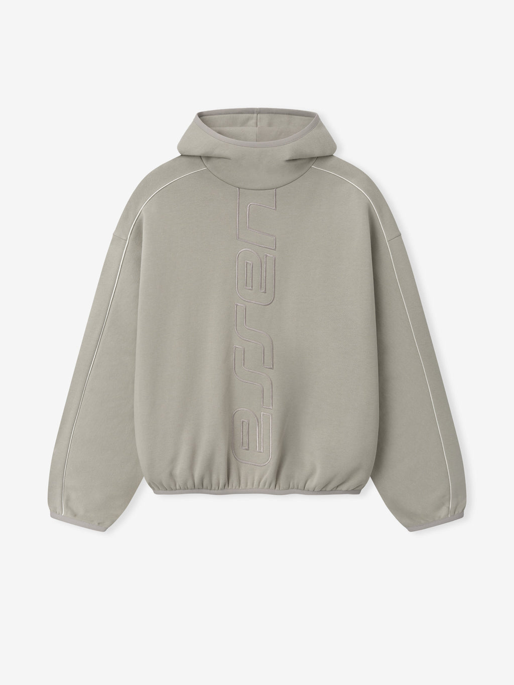 light gray heavyweight fleece hoodie with vertical embossed Active Trace logo and relaxed modern fit