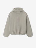 light gray heavyweight fleece hoodie with vertical embossed Active Trace logo and relaxed modern fit