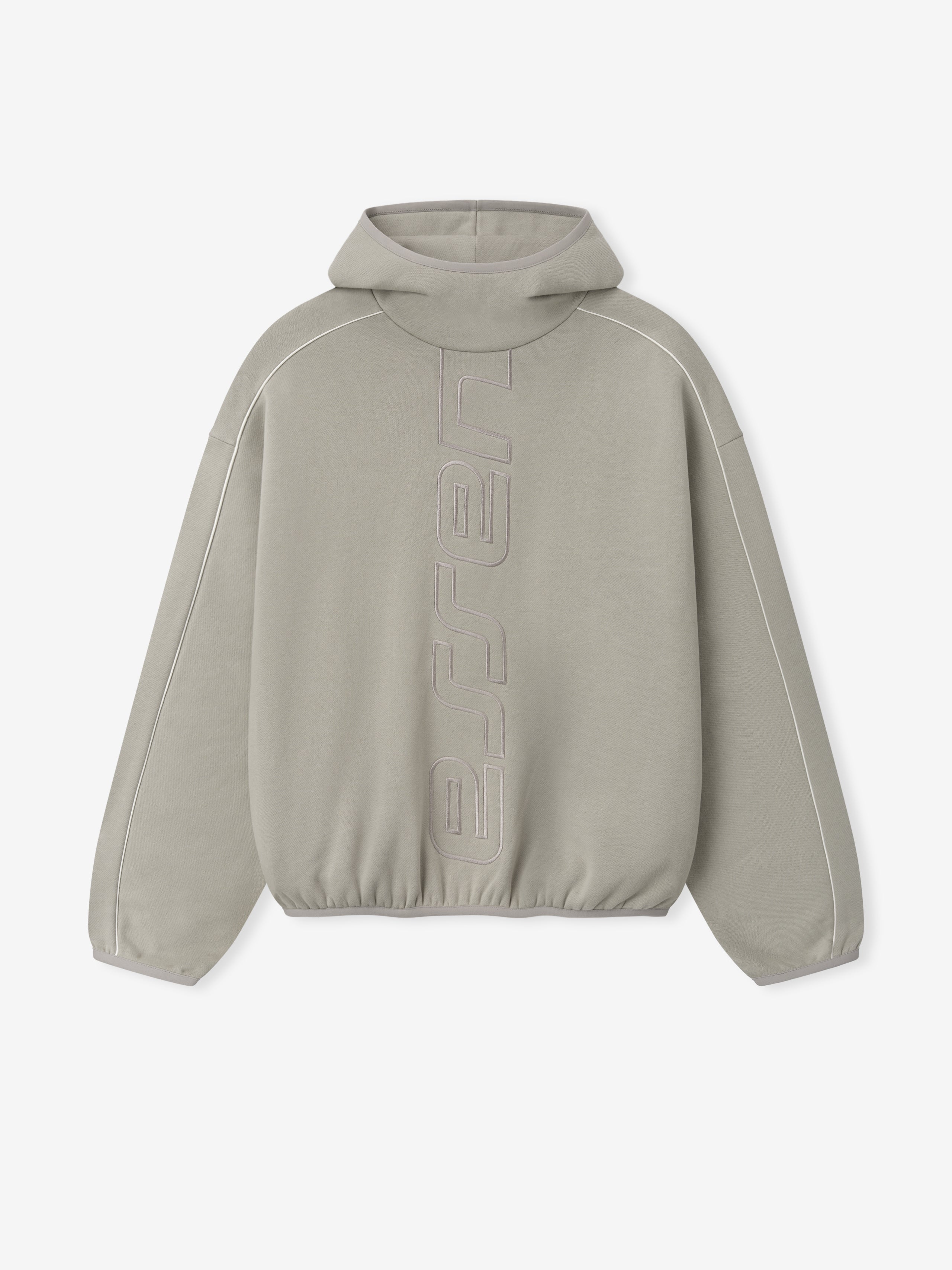 light gray heavyweight fleece hoodie with vertical embossed Active Trace logo and relaxed modern fit