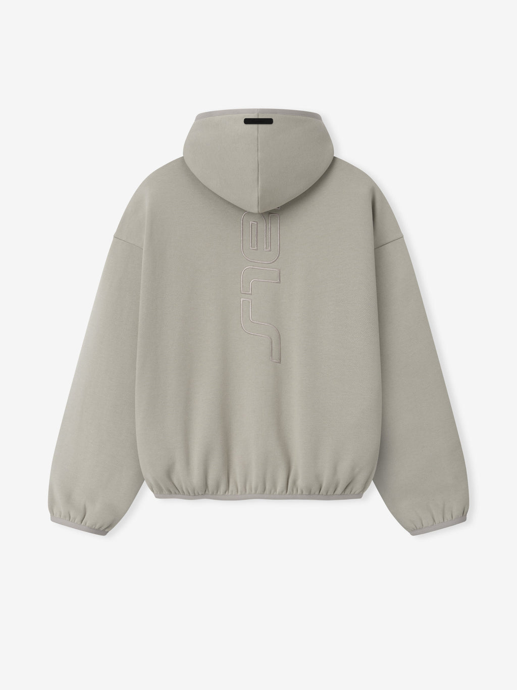 light gray modern fleece hoodie with hood and raised vertical Active Trace logo on back center panel