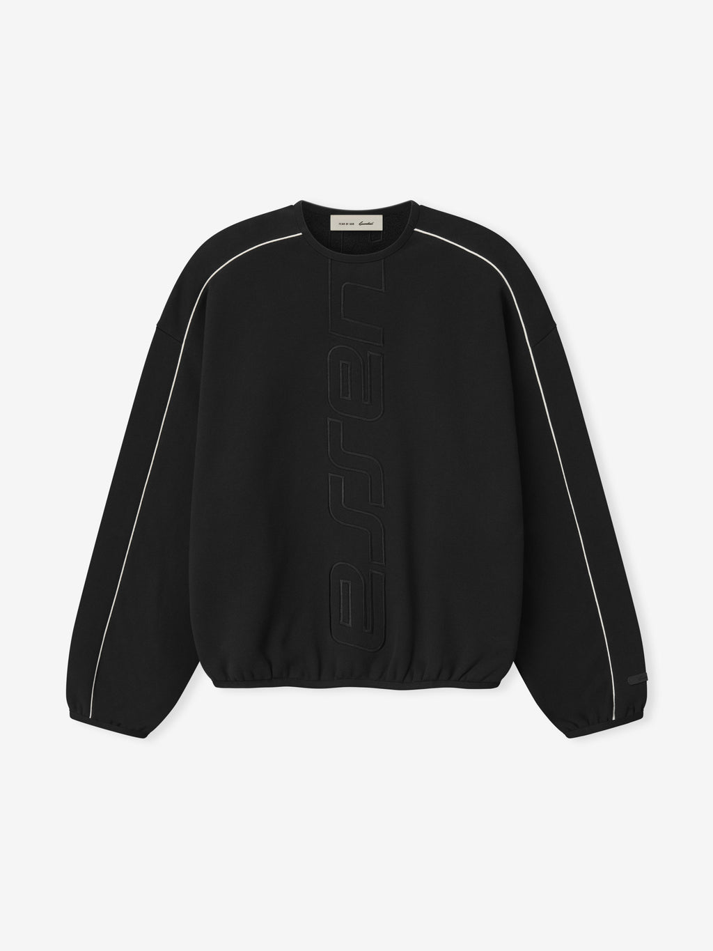 black crewneck sweatshirt with vertical embossed Active Trace logo and white piping along sleeves