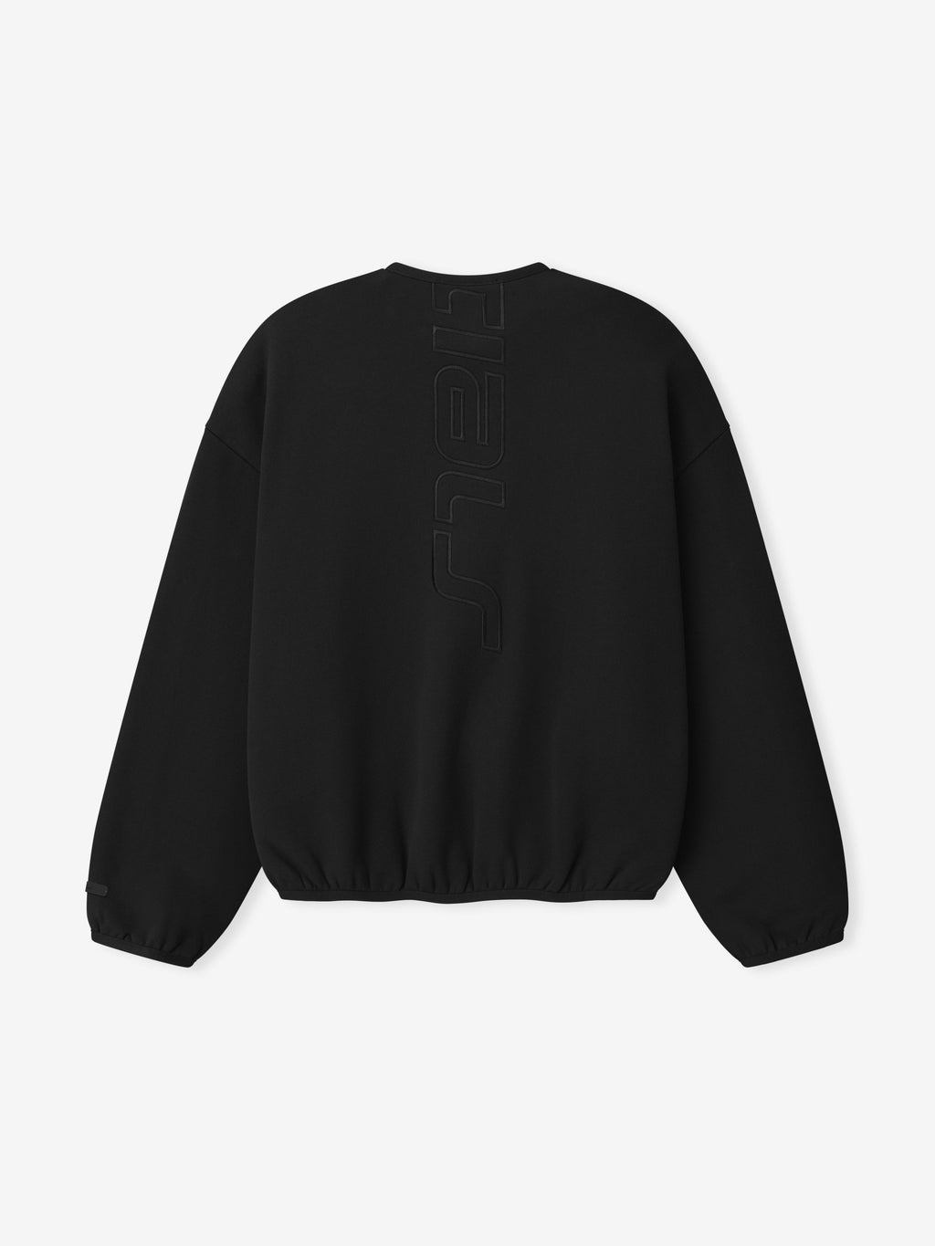 black crewneck sweatshirt with relaxed fit and subtle 3D printed vertical Essentials Active Trace logo on back
