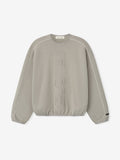 Light grey sweatshirt with vertical embossed lettering design and thin white piping along the sleeves and shoulders