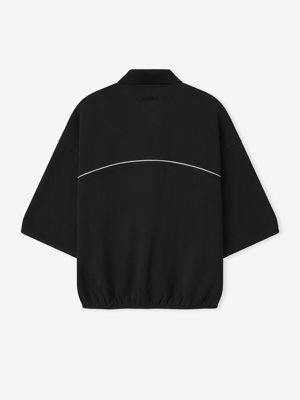 black cropped modern polo sweatshirt with 3/4 sleeves, relaxed volume fit, and white curved piping across back