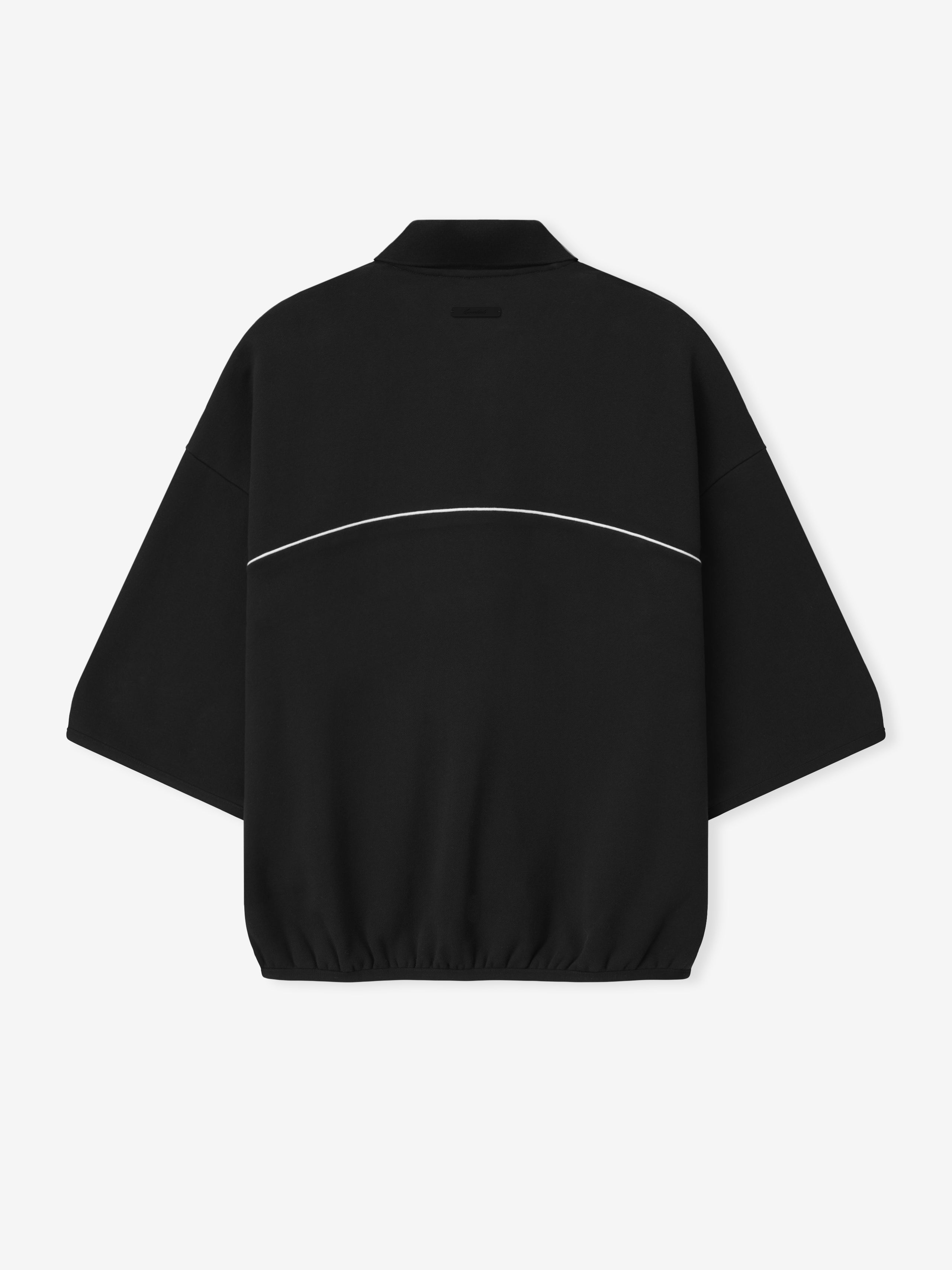 black cropped modern polo sweatshirt with 3/4 sleeves, relaxed volume fit, and white curved piping across back