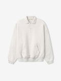 off-white 90s-inspired polo sweatshirt with relaxed fit, covered Henley placket, kangaroo pocket, and ribbed cuffs and hem