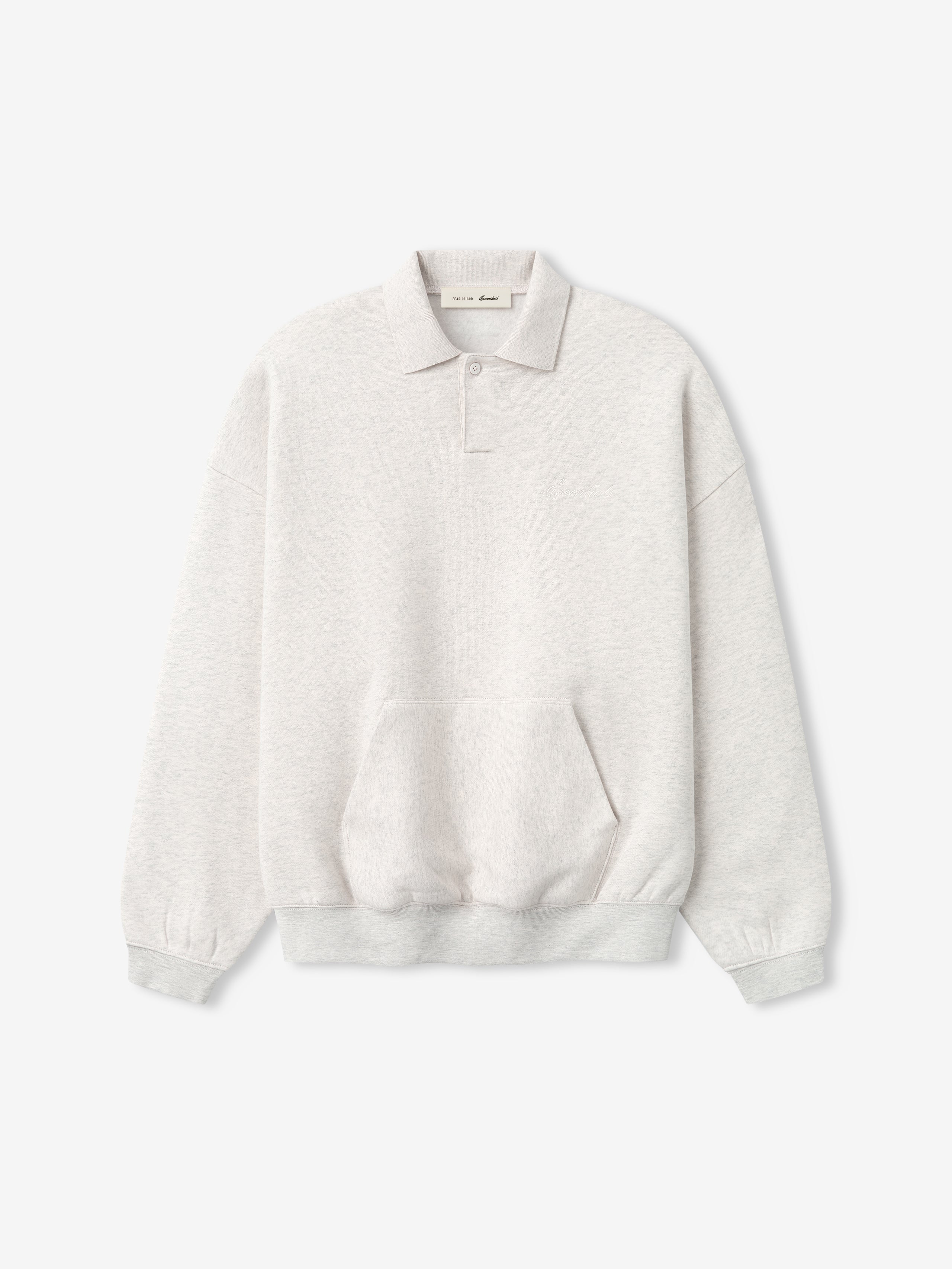 off-white 90s-inspired polo sweatshirt with relaxed fit, covered Henley placket, kangaroo pocket, and ribbed cuffs and hem