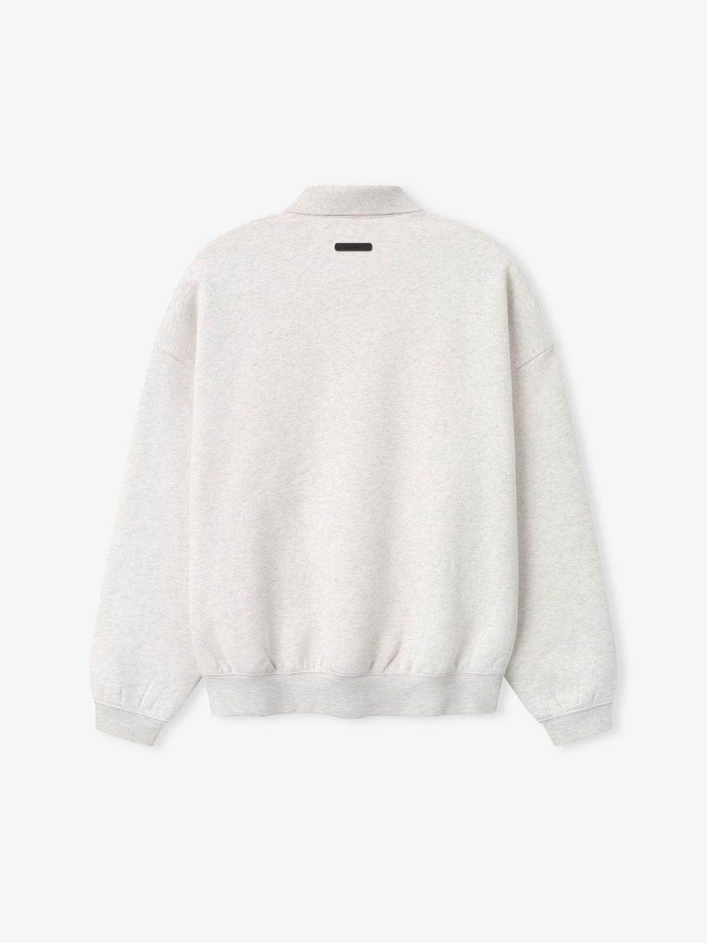 off-white 90s-inspired sweatshirt with relaxed fit, ribbed cuffs and hem, and small black rectangular patch on upper back