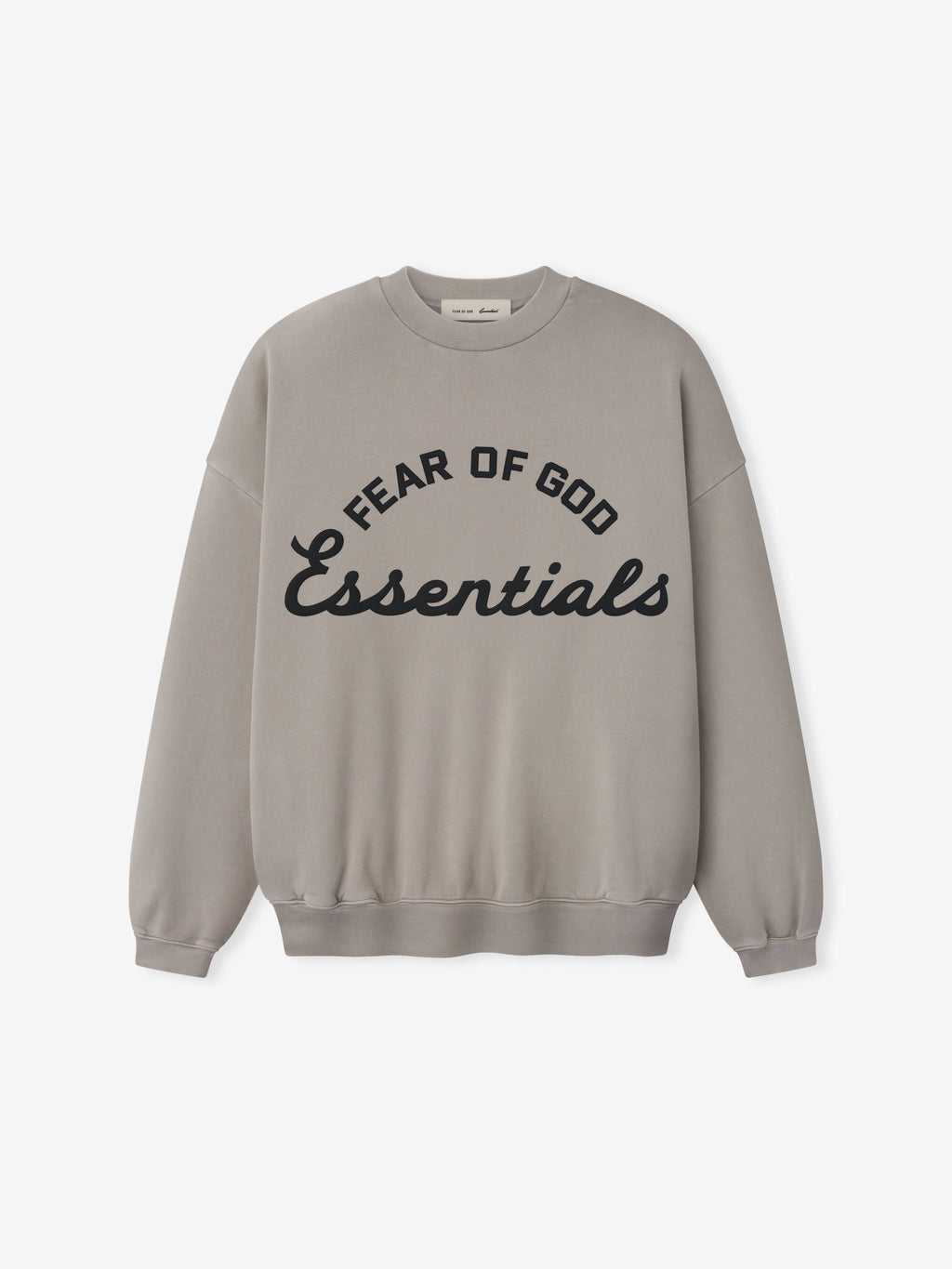 Gray sweatshirt with 'Fear of God Essentials' text on a white background