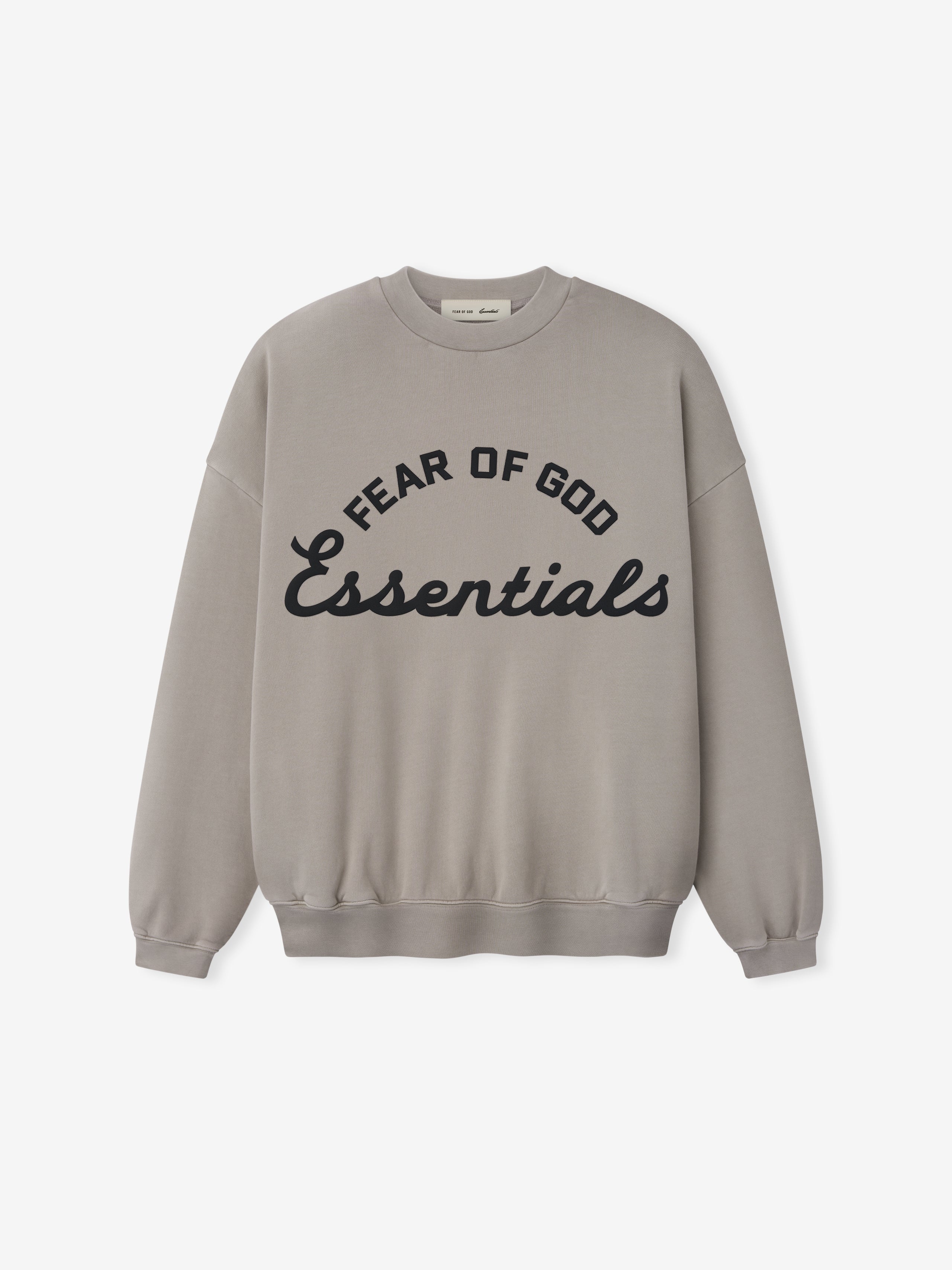 Gray sweatshirt with 'Fear of God Essentials' text on a white background