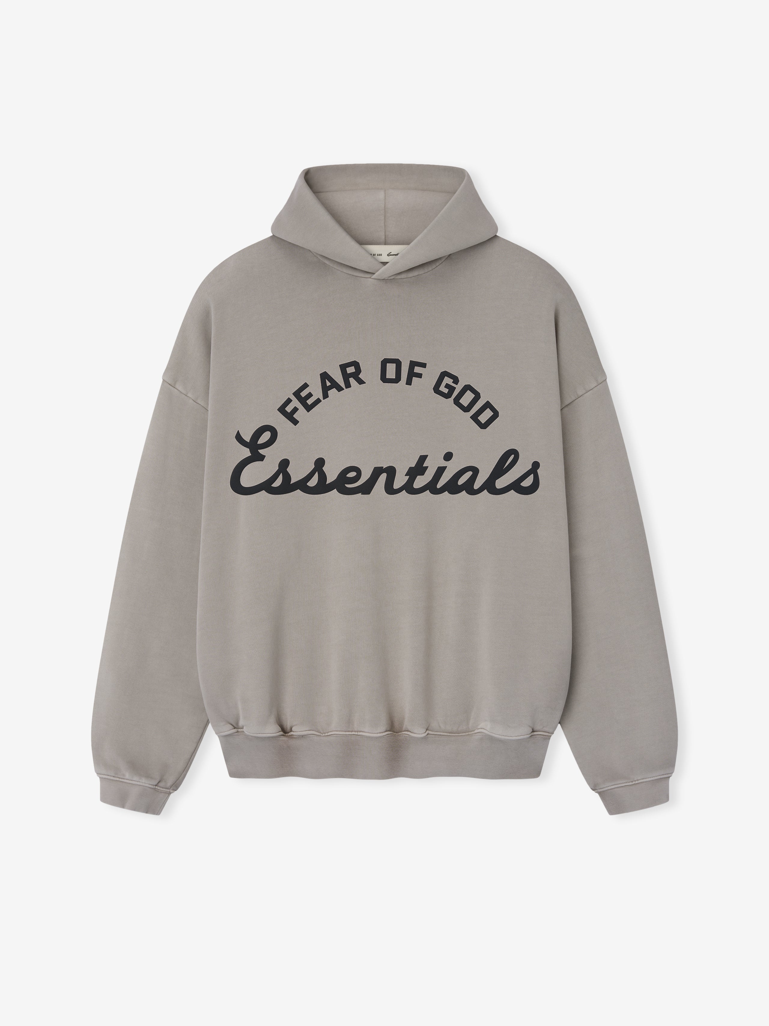 taupe pigment-dyed cotton fleece hoodie with oversized Fear of God Essentials logo in black puff print on front