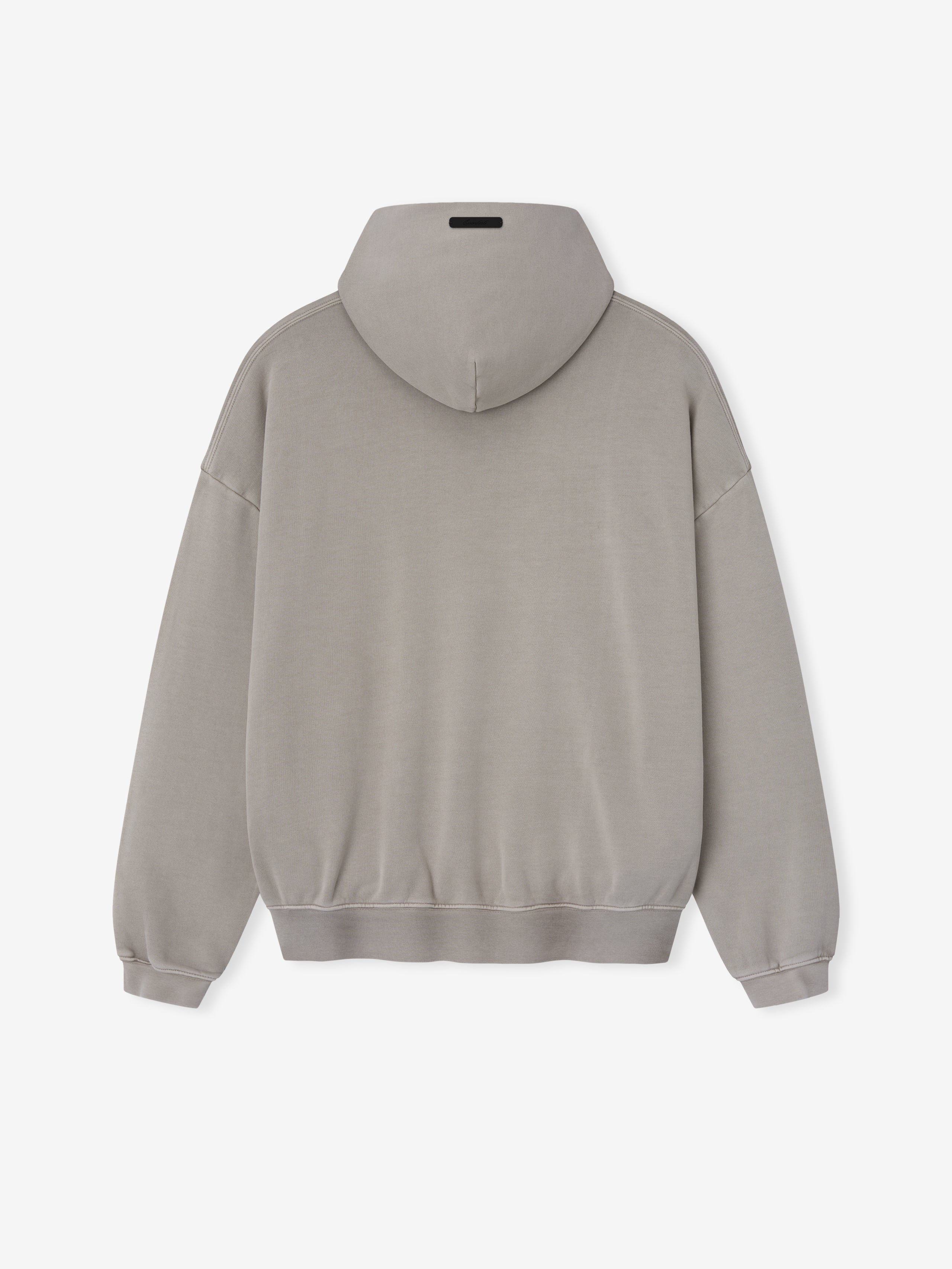 back view of gray pigment-dyed cotton fleece hoodie with relaxed fit and ribbed cuffs and hem