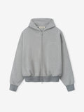 light gray full zip hoodie made from thick core fleece with fitted ribbed cuffs and hem and attached hood