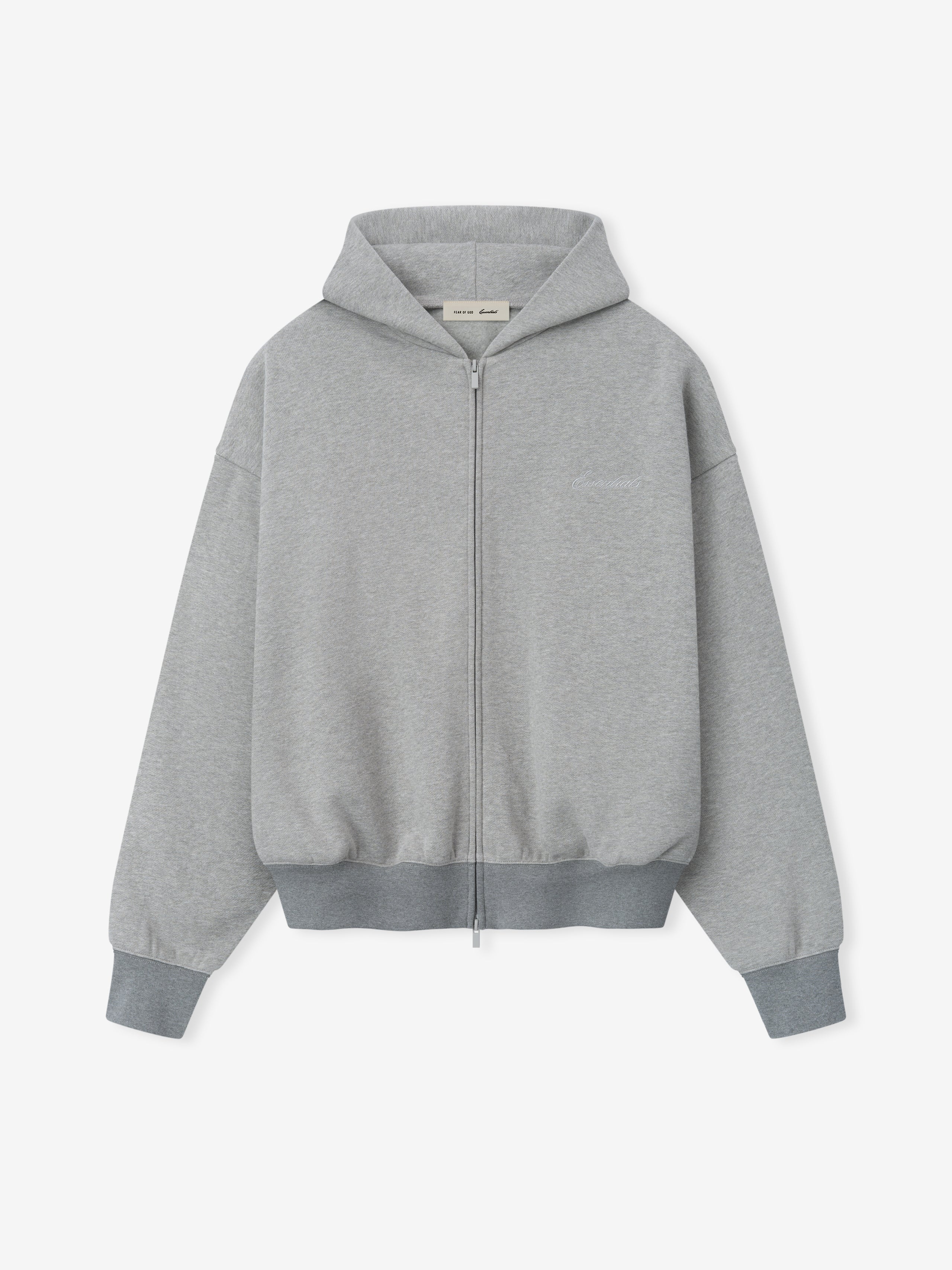 light gray full zip hoodie made from thick core fleece with fitted ribbed cuffs and hem and attached hood