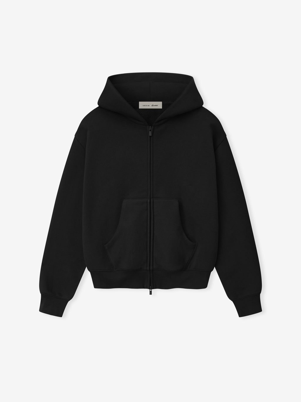 black full zip hoodie for women made from thick core fleece with hood, front pockets, and ribbed cuffs and hem