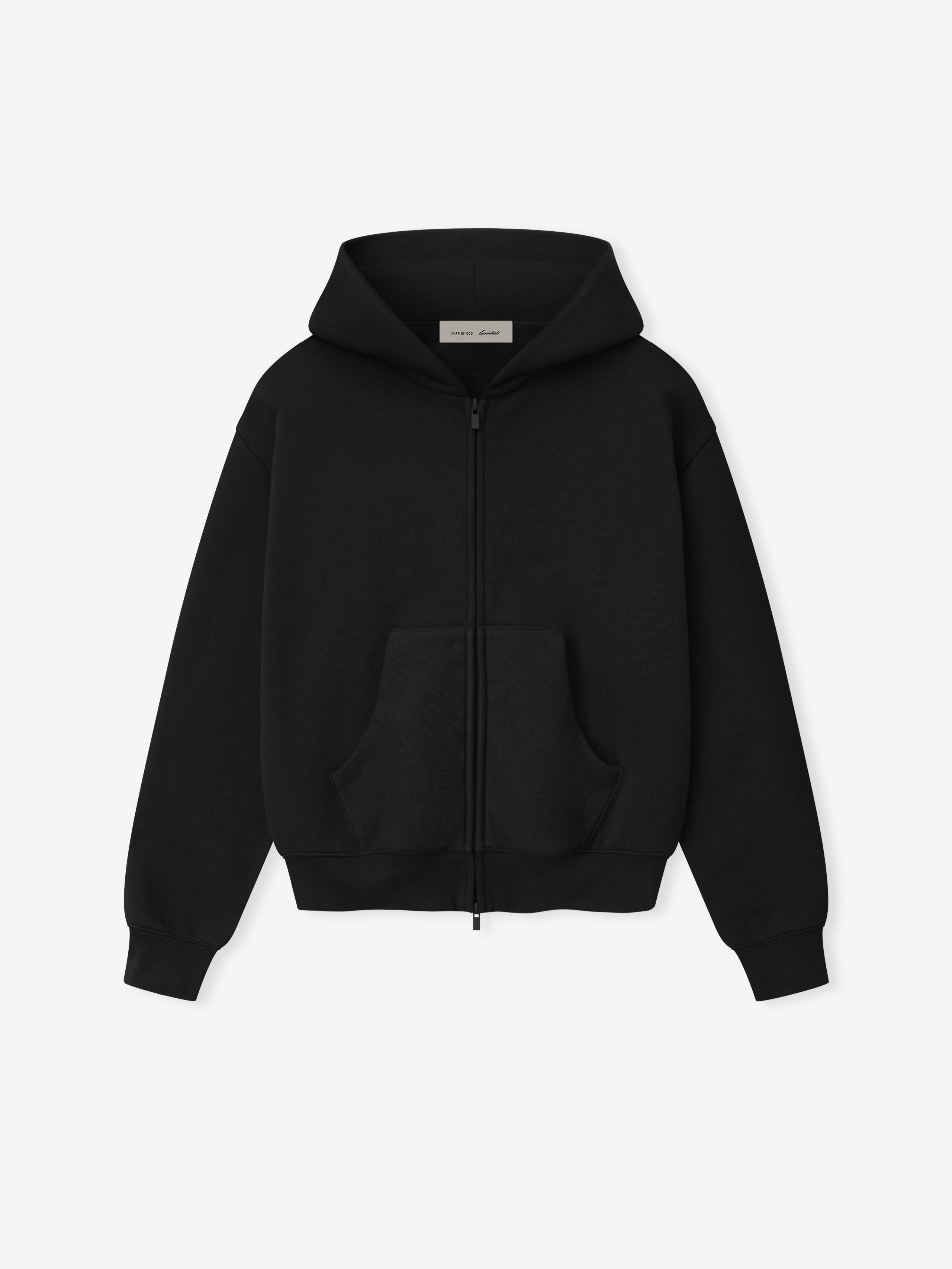 black full zip hoodie for women made from thick core fleece with hood, front pockets, and ribbed cuffs and hem