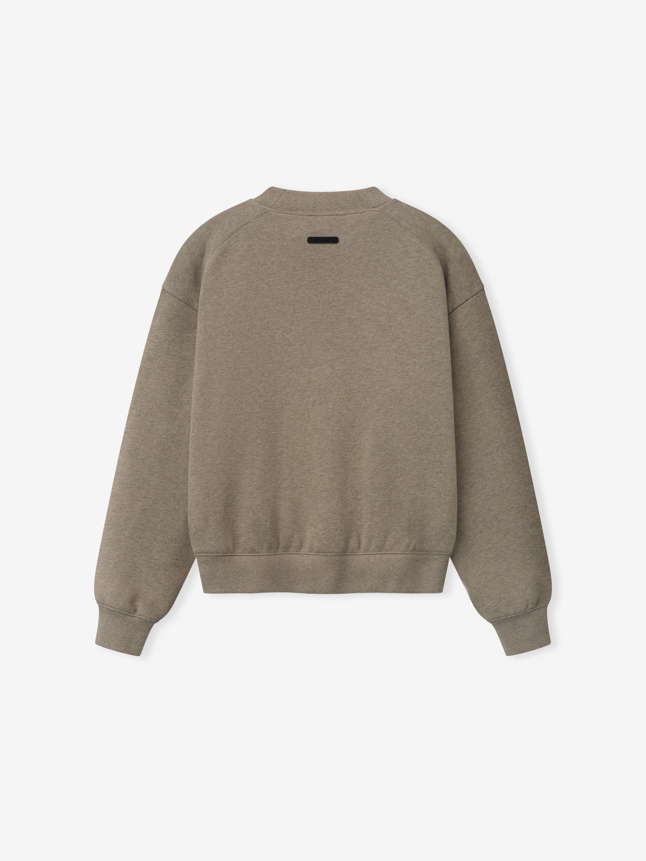 back view of womens classic crewneck sweatshirt in taupe core fleece with ribbed cuffs and hem