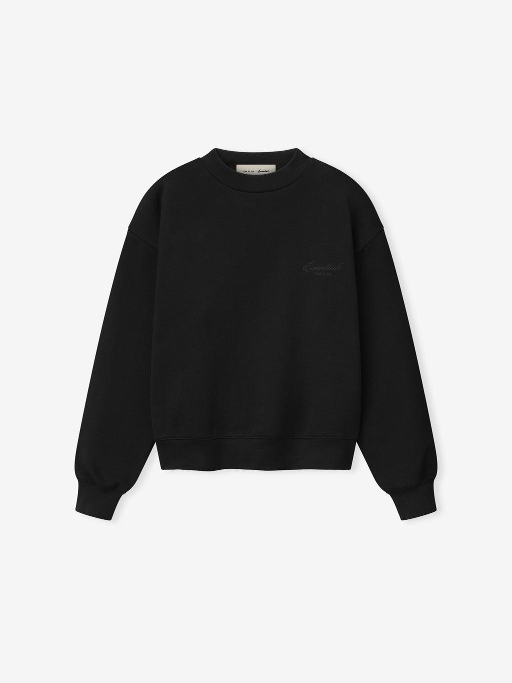 front view of womens relaxed fit black crewneck sweatshirt with ribbed cuffs and hem on heavyweight fleece